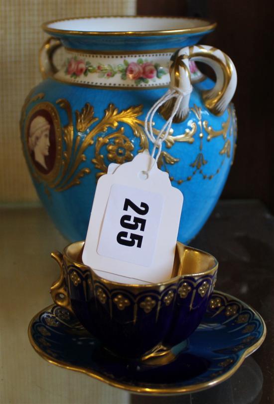 Minton Sevres style vase and a Coalport jewelled cabinet, cup and saucer(a/f)(-)